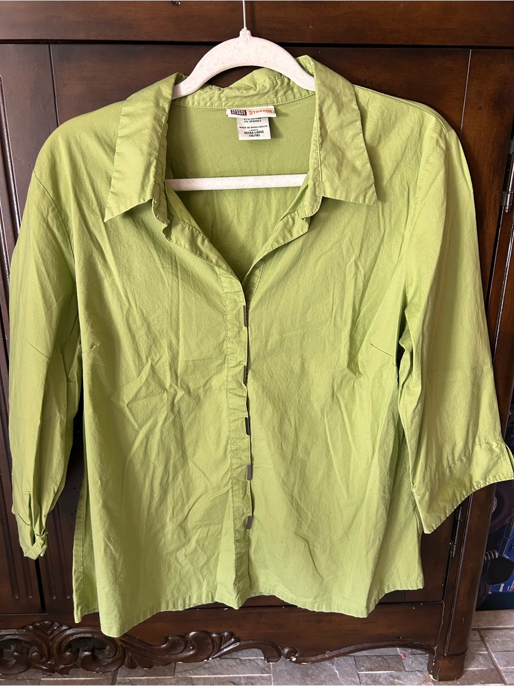Faded Glory Green Cotton Collared Button-Down 3/4 Sleeve Stretch Blouse XL Y2K